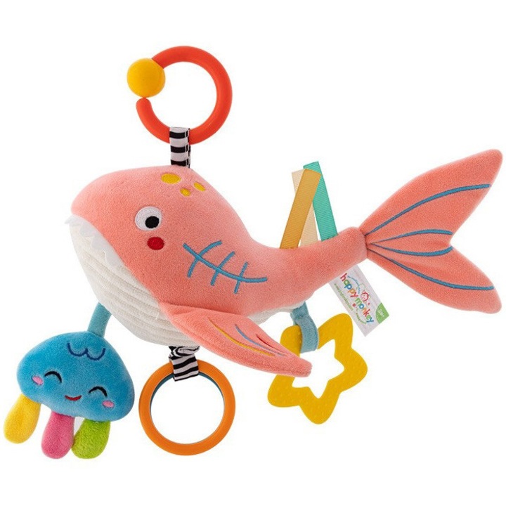 Jucarie de plus cu activitati, zornaitoare si accesorii dentitie, Mappy Balena Roz, 23 cm