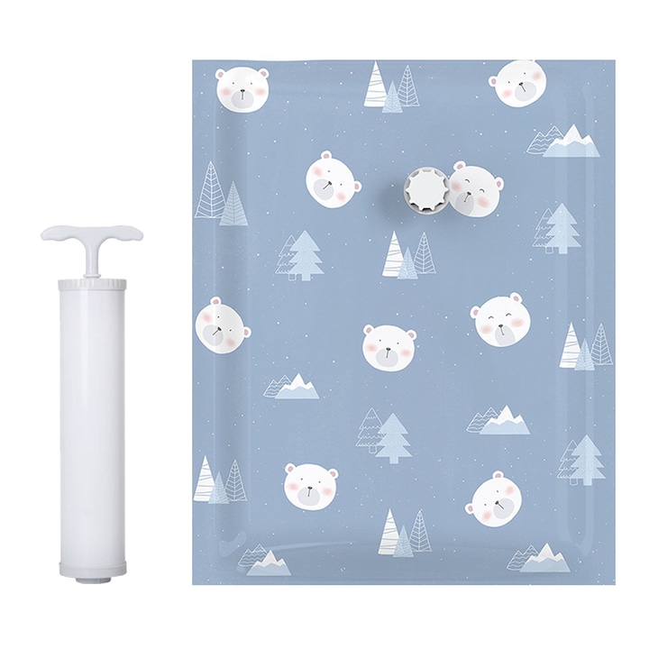 Set 6 Saci Vidat Haine Ronyes, Marimi Diferite, Model Urs Polar, Albastru Cenusiu, Pompa Inclusa, 40x60/50x70/60x80/80x100cm