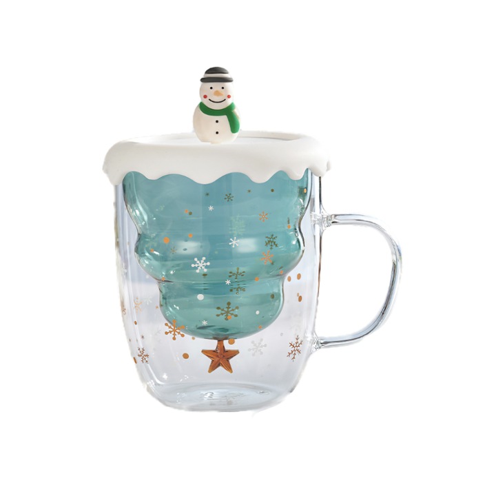 Hőálló kétrétegű bögre, karácsonyi dizájn, világoszöld, 300ml, fedővel