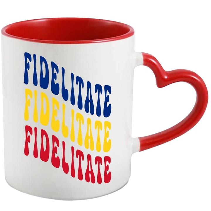 Cana Cuvantul Fidelitate, in Culorile Steagului Romaniei, Rosu, Galben, Albastru, Text Motivational, Self Care, 330ml, Ceramica cu Maner Inima Rosie