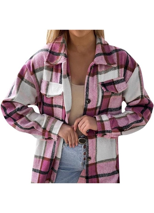 Camasa dama, AMRINUGL Roz, Poliester, Supradimensionata, Cu nasturi, Maneca lunga