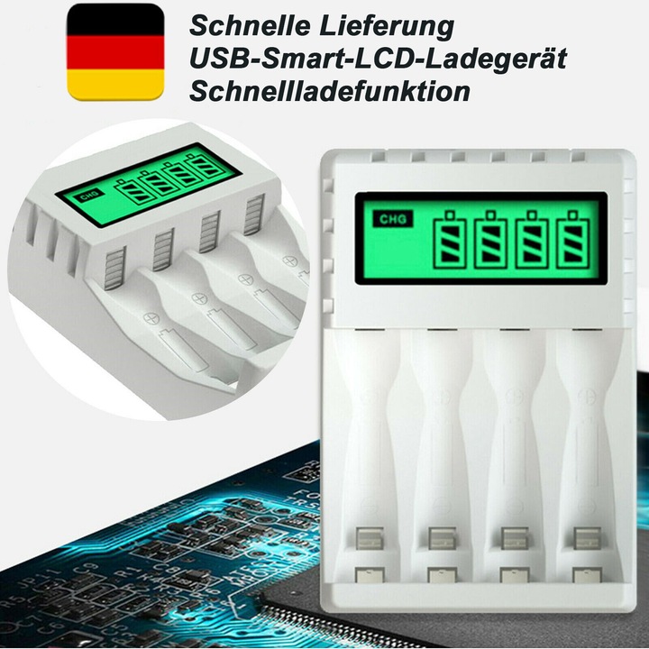 Incarcator baterii / incarcator acumulatori Smart LCD, 4 sloturi, compatibil AA/AAA NiMH, incarcare rapida 1-3 ore, intrare Micro USB/Type-C 5V/2A, display LCD inteligent cu detectare, protectii multiple, Alb/Negru
