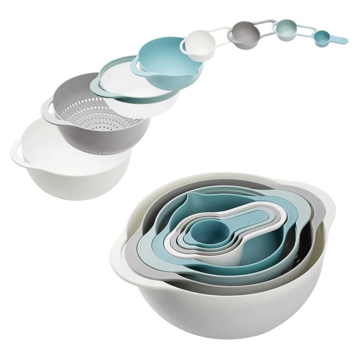 Set boluri mixare multicolor 8 piese, cu strecuratoare si masuratori, 2x boluri 1x strecuratoare 1x sita 4x cani masurare