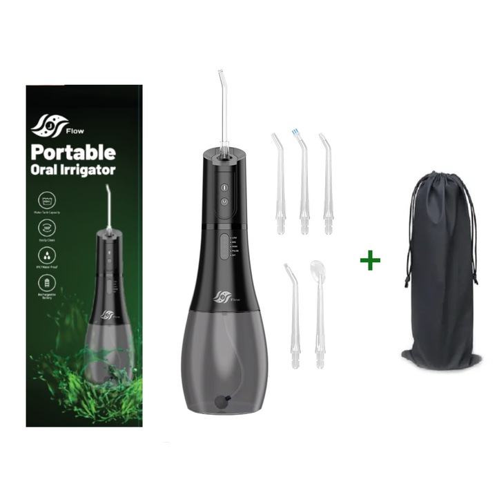 Professzionális Orális Irrigátor, Szájzuhanyhoz, JetFlow M6 Pro, 400 ML-es tartály, Hordozható, Vezeték nélküli, IPX7 Vízálló, 6 fej, 5 program, DIY mód, Okos Időzítő, Fekete szín