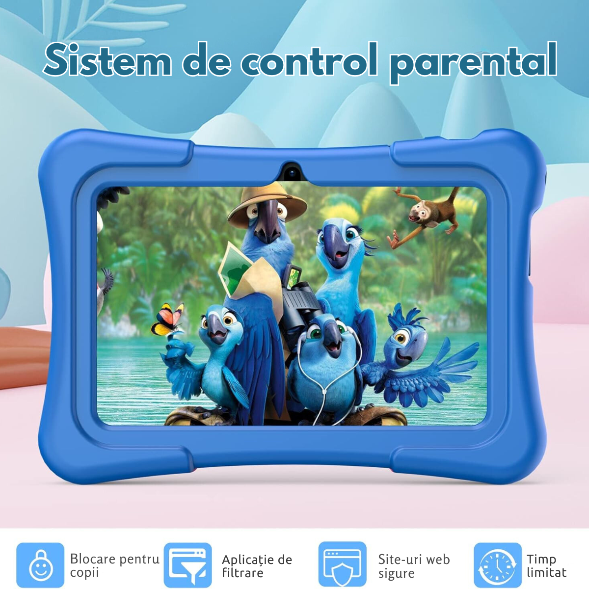 Tableta pentru copii de 7 inch Dasbo®, Android, 3GB RAM, 32GB ROM (extensibila la 128GB), Software pentru copii preinstalat, Ecran tactil cu husa protectie inclusa, Bluetooth, WiFi, camera dubla, Albastru