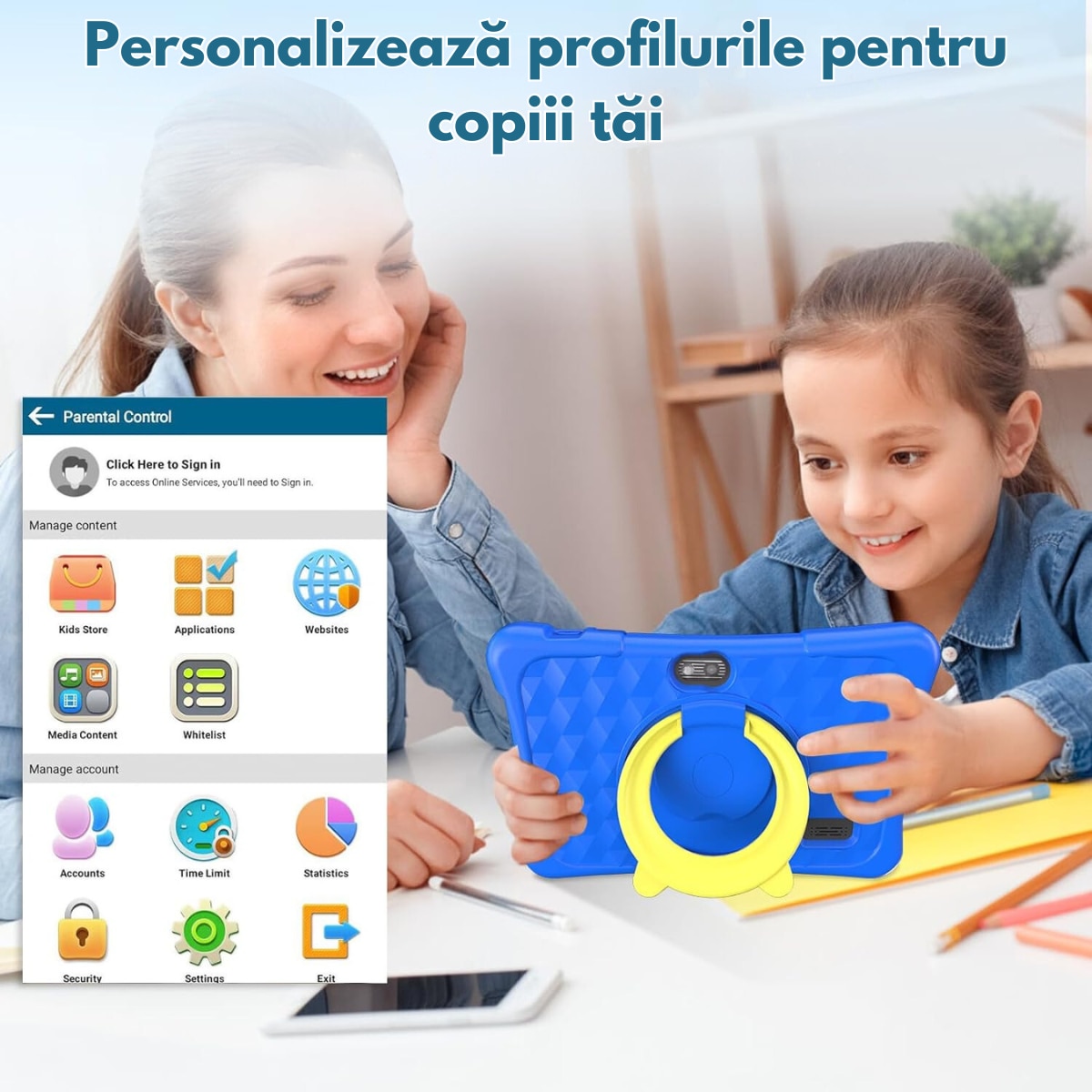 Tableta pentru copii de 7 inch Dasbo®, Android, 3GB RAM, 32GB ROM (extensibila la 128GB), Software pentru copii preinstalat, Ecran tactil cu husa protectie inclusa, Bluetooth, WiFi, camera dubla, Albastru
