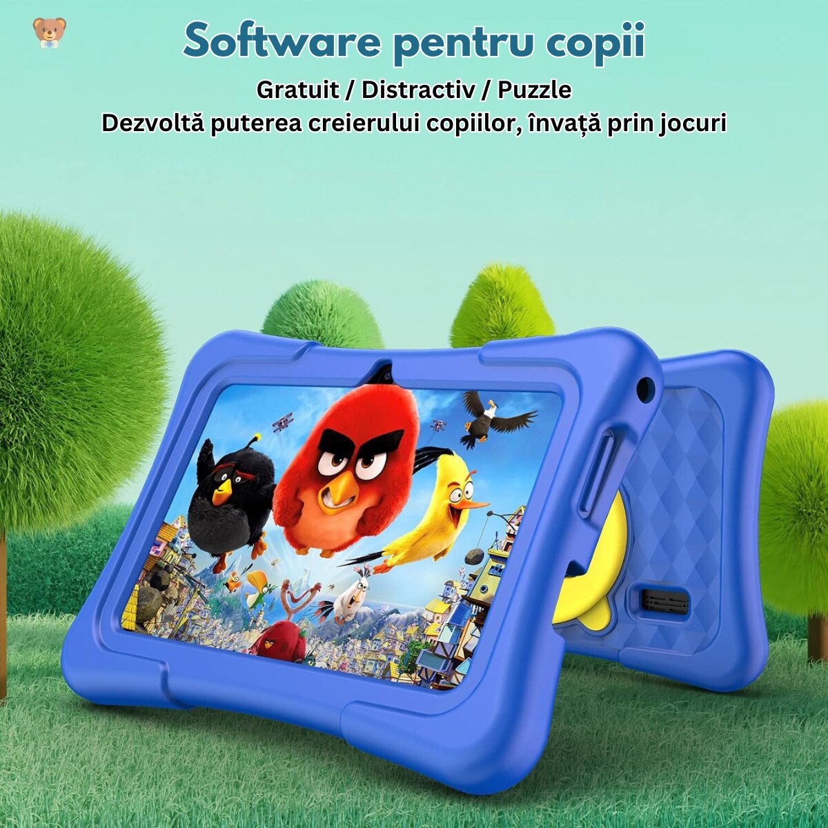 Tableta pentru copii de 7 inch Dasbo®, Android, 3GB RAM, 32GB ROM (extensibila la 128GB), Software pentru copii preinstalat, Ecran tactil cu husa protectie inclusa, Bluetooth, WiFi, camera dubla, Albastru