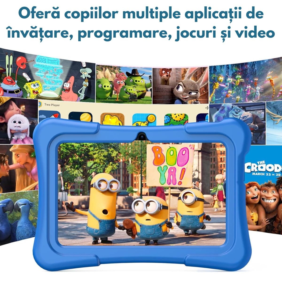 Tableta pentru copii de 7 inch Dasbo®, Android, 3GB RAM, 32GB ROM (extensibila la 128GB), Software pentru copii preinstalat, Ecran tactil cu husa protectie inclusa, Bluetooth, WiFi, camera dubla, Albastru