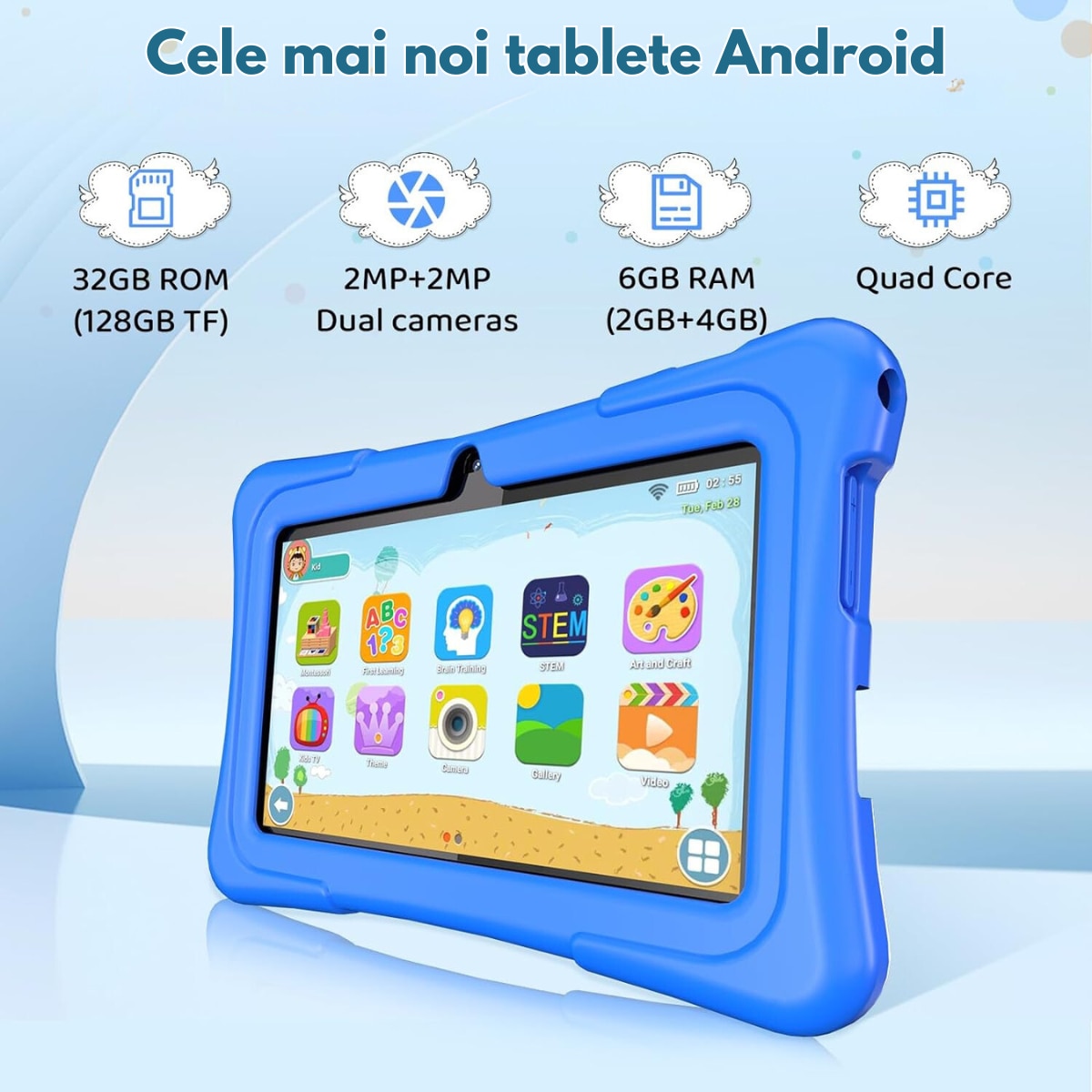 Tableta pentru copii de 7 inch Dasbo®, Android, 3GB RAM, 32GB ROM (extensibila la 128GB), Software pentru copii preinstalat, Ecran tactil cu husa protectie inclusa, Bluetooth, WiFi, camera dubla, Albastru