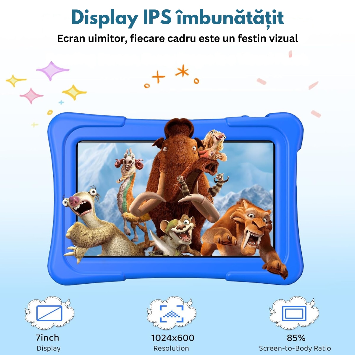 Tableta pentru copii de 7 inch Dasbo®, Android, 3GB RAM, 32GB ROM (extensibila la 128GB), Software pentru copii preinstalat, Ecran tactil cu husa protectie inclusa, Bluetooth, WiFi, camera dubla, Albastru