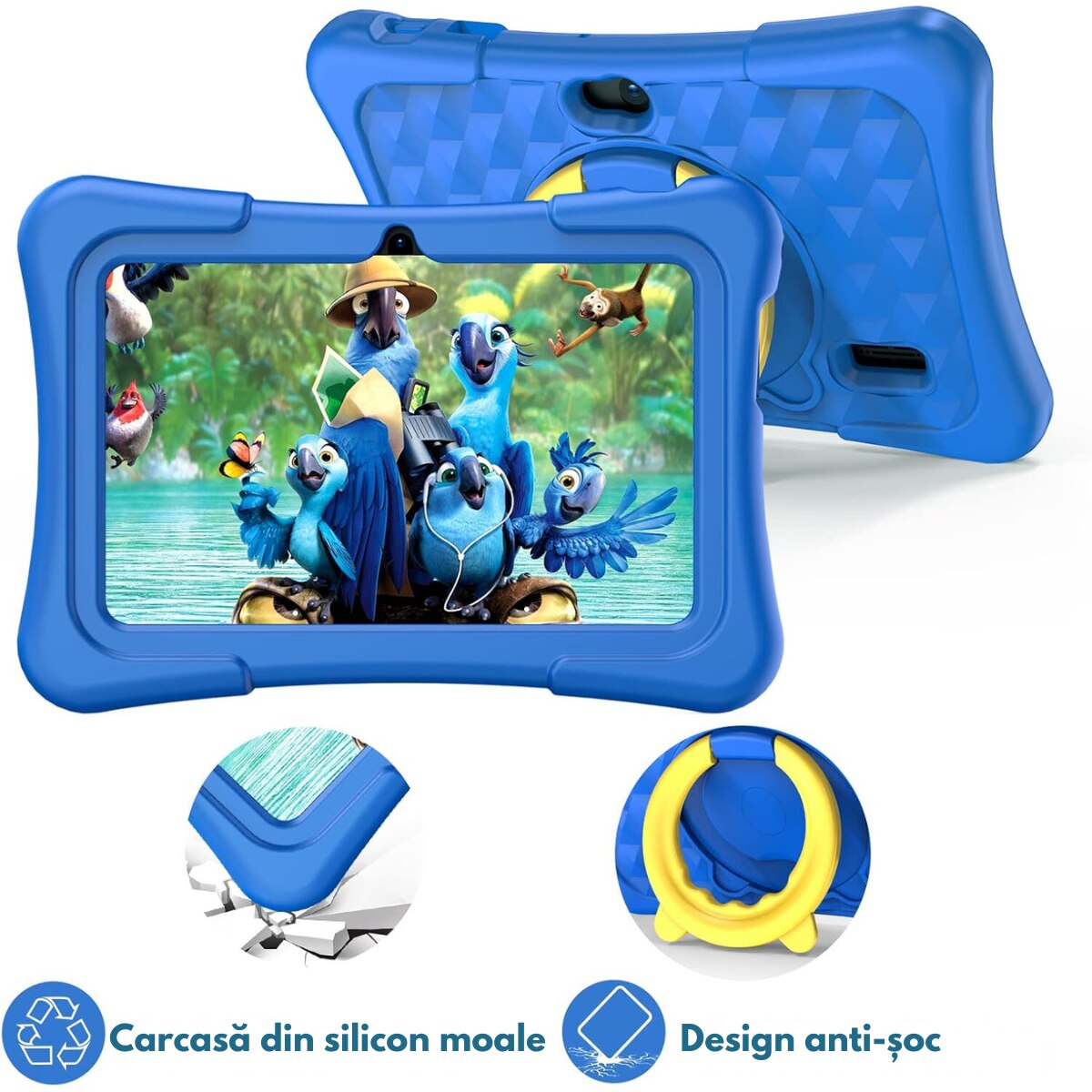 Tableta pentru copii de 7 inch Dasbo®, Android, 3GB RAM, 32GB ROM (extensibila la 128GB), Software pentru copii preinstalat, Ecran tactil cu husa protectie inclusa, Bluetooth, WiFi, camera dubla, Albastru