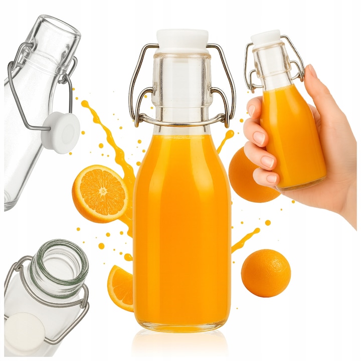 Sticluta De Sticla, Superbutelki, Rotunda, 110 ml, Cu Inchidere Mecanica, Cu Clema, Pentru Lichioruri, Pentru Sucuri, 14.5 cm Inaltime, 135 G Greutate, Incolora