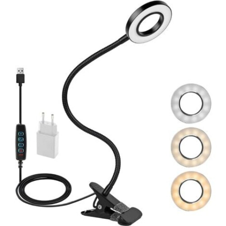 Lampa LED Clip cu USB, 3 moduri de iluminare, 10 niveluri de intensitate, 360° ajustabila, neagra, 38cm