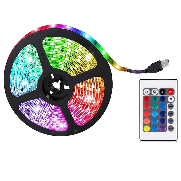 Гъвкава RGB LED лента за подсветка на телевизор, 5V, с дистанционно, комплект