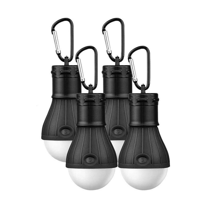 Set 4 Lampi Camping QttvbTna, LED, 3 Moduri Iluminare, 60 lm, ABS, negru