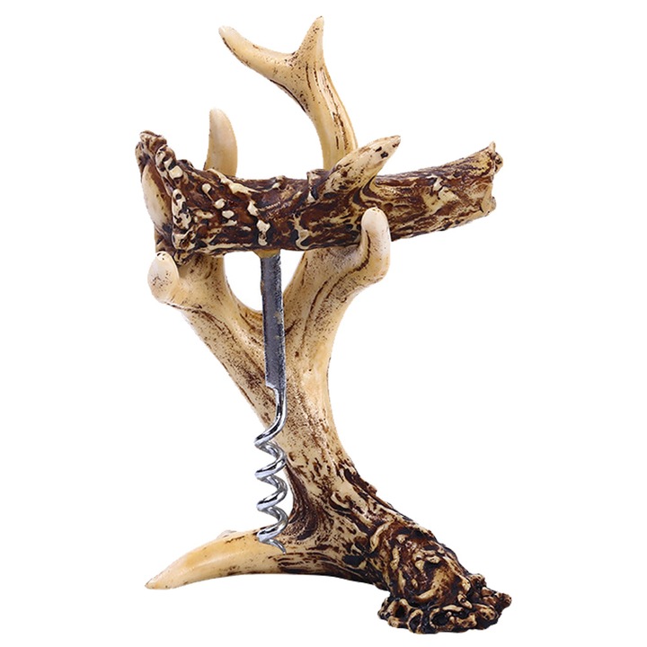 Тирбушон за бутилка с държач, модел с рога, смола, 11 x 16 см, кафяв