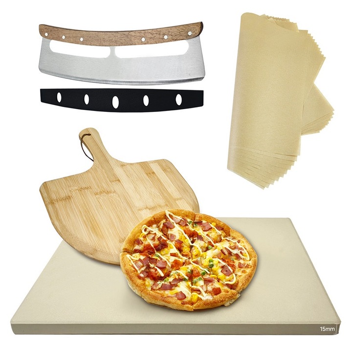 Комплект за пица, камък за печене Cordierit, устойчивост на термичен удар, включва бамбукова лопата и аксесоари, многофункционален, 30x38 см