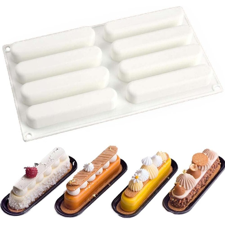 Szilikon eclair tálca, 8 rekesszel, rugalmas, hőálló, fehér