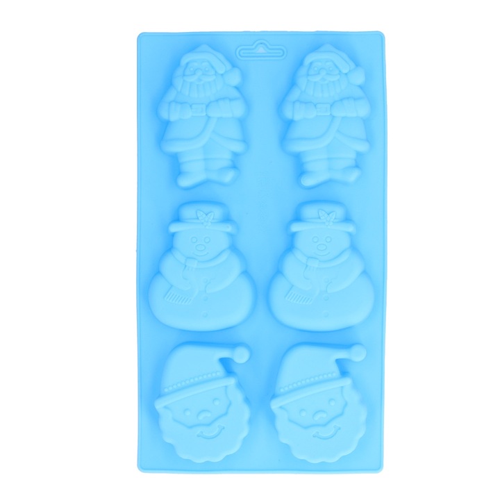 Szilikon sütőlap 6 rekesszel, Mikulás és hóember mintával, kék