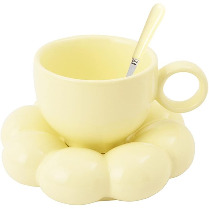 Set cana si suport de masa Artisanal Cloud Sunflower, ceramica de inalta calitate, design creativ, manere ergonomice, galben