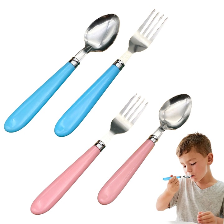 Gyermek evőeszköz készlet, Jormftte, 4 részes, 2 villa, 2 kanál, rózsaszín és kék, méretek 16x2cm és 15.5x3cm, tárolózsákkal