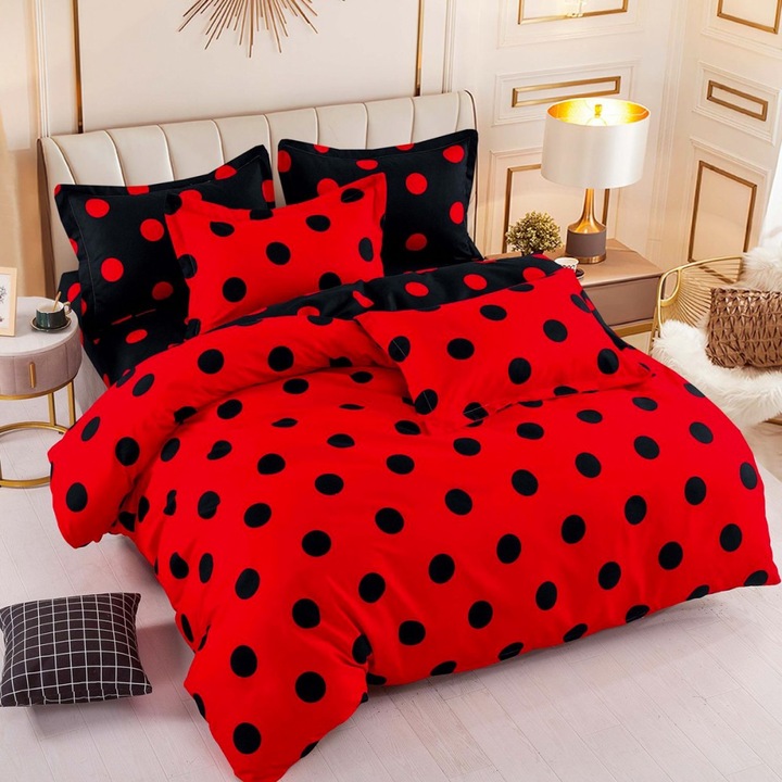 Set Pentru Pat Din Finet Gros, 6 Piese, JOJO HOME Imprimeu Buline Dimensiuni 245 x 250 Cm, Culoare Rosu Cu Negru