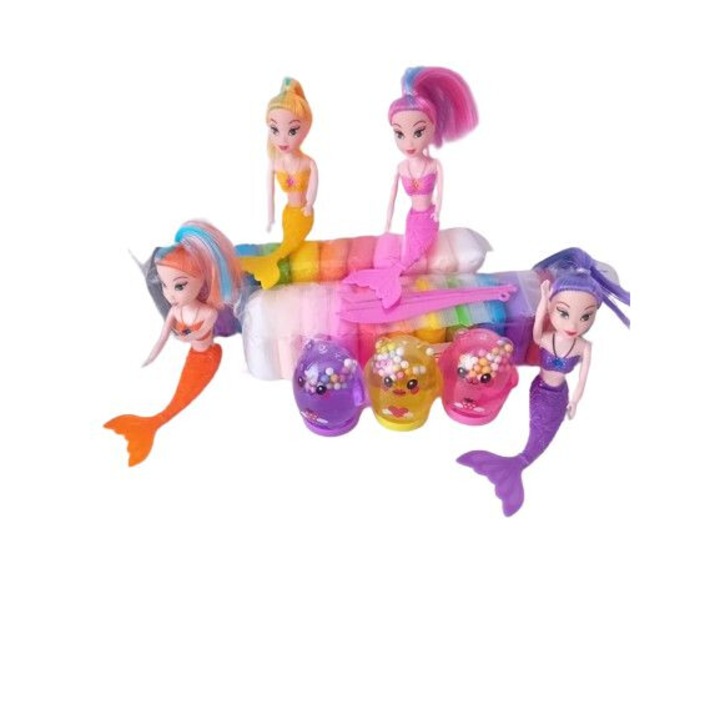Set jucarii interactive pentru copii 31 bucati -4 papusi sirene +24 pungi cu plastilina aerata culori diferite + 3 figurine cu slime gelatina parfumata