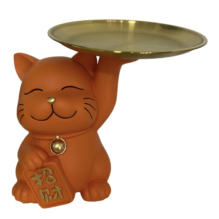 Pisica Maneki decorativa, suport chei/bomboane portocaliu, 21x20x18 cm
