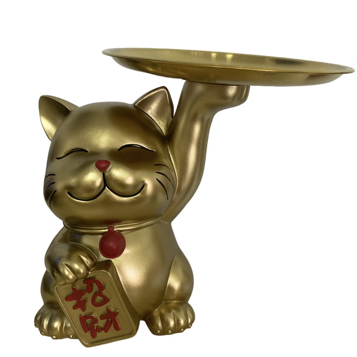 Pisica Maneki decorativa, suport chei/bomboane auriu, 21x20x18 cm