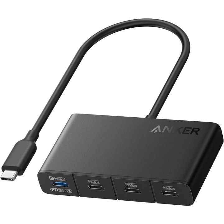 Хъб Anker USB-C 4-в-1, 4x USB-C, 10Gbps, 100W макс. PD-вход, черен