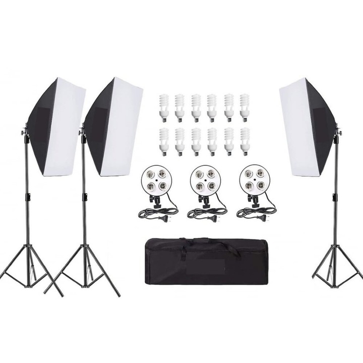 Kit de 3 softboxuri, soclu de 4 becuri, 3 trepiezi reglabili 200 cm, 12 becuri de 45W, geanta de transport inclusa, Dactylion®