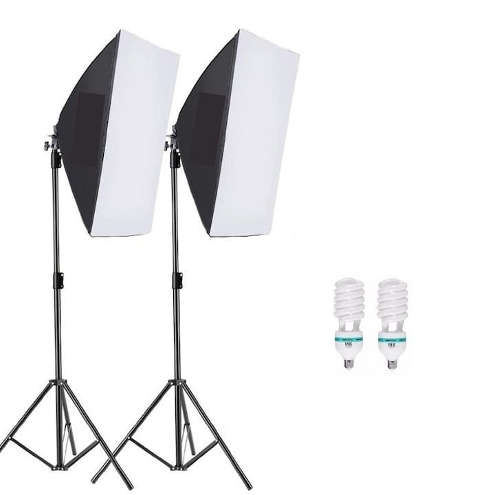 Kit de 2 softboxuri, 2 trepiezi reglabili 200 cm, 2 becuri 85W, Dactylion®