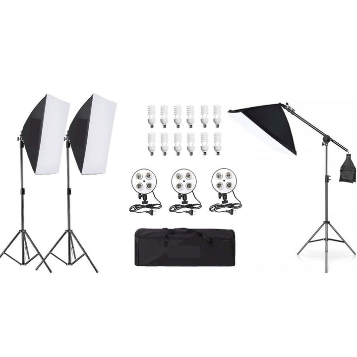 Kit de 3 softboxuri cu macara, soclu de 4 becuri, 3 trepiezi reglabili 200 cm, 12 becuri de 45W, geanta de transport inclusa, Dactylion®