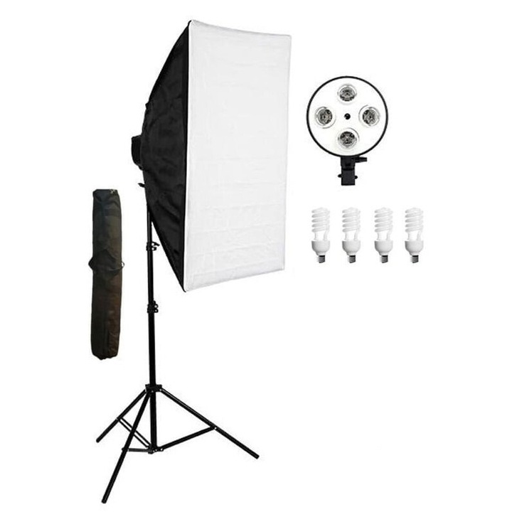 Kit studio foto, softbox 50 x 70 cm, soclu de 4 becuri trepied 200 cm, reglabil, 4 x bec 45W, geanta de transport inclusa, Dactylion®