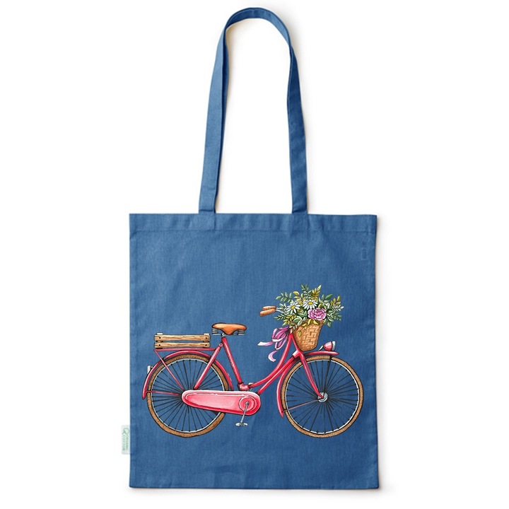 Go For It Shopper fazonú pamut táska mintával, Flowers Collection, Bicycle Floral, 38x42cm, Kék, AB-BDY2