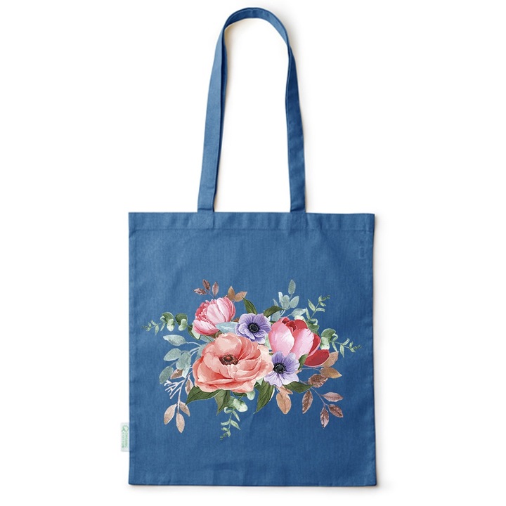 Go For It Shopper fazonú pamut táska mintával, Flower Bouquet, 38×42cm, Kék, AB-BDY121