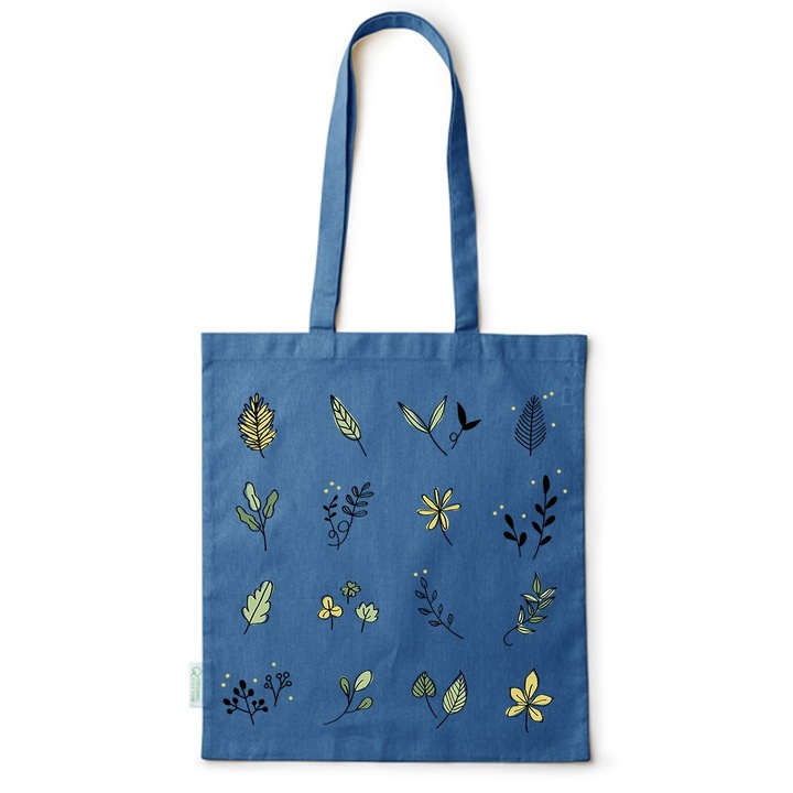 Intelli® Sacosa bumbac Eco-friendly pentru cumparaturi cu manere lungi, Minimalist Flowers, 38×42cm, Albastru, AB-BDY153
