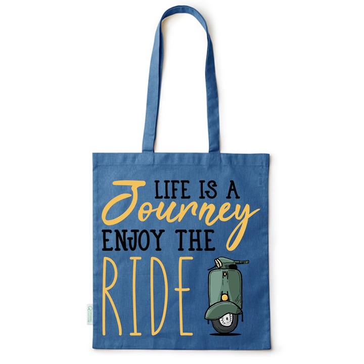 Go For It Shopper fazonú pamut táska mintával, Life is a Journey, 38×42cm, Kék, AB-BDY244
