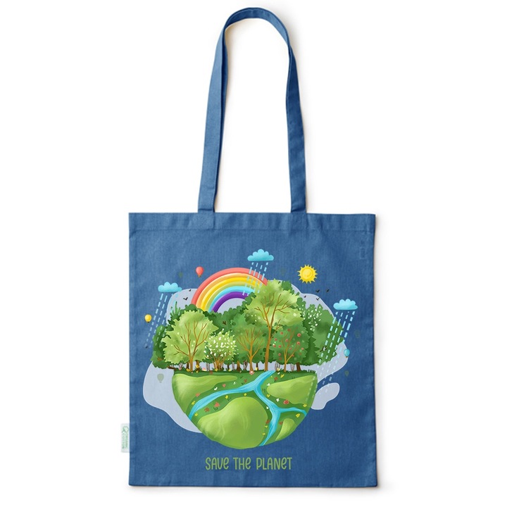 Go For It Shopper fazonú pamut táska mintával, Save The Planet, 38×42cm, Kék, AB-BDY14
