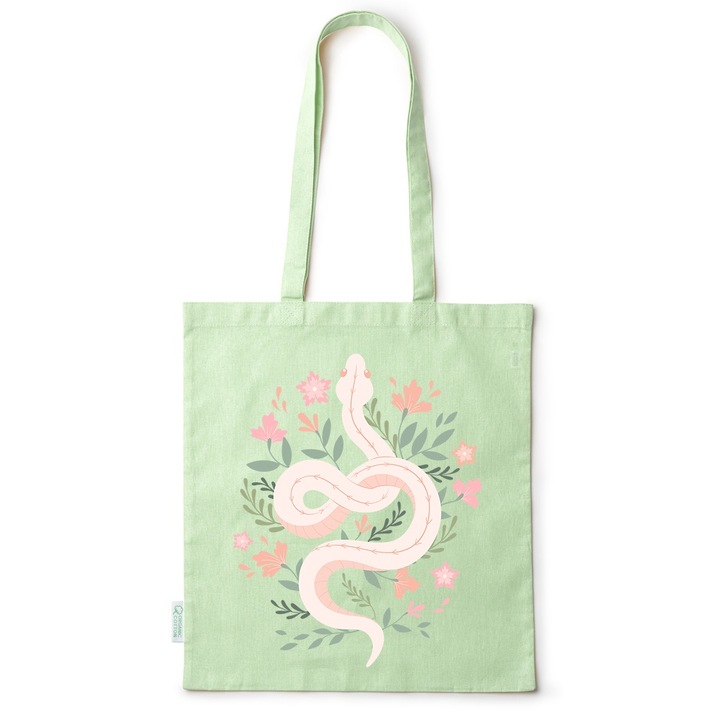 Intelli® Sacosa bumbac Eco-friendly pentru cumparaturi cu manere lungi, Flowers Collection, Snake Floral, 38x42cm, Verde, GR-BDY50