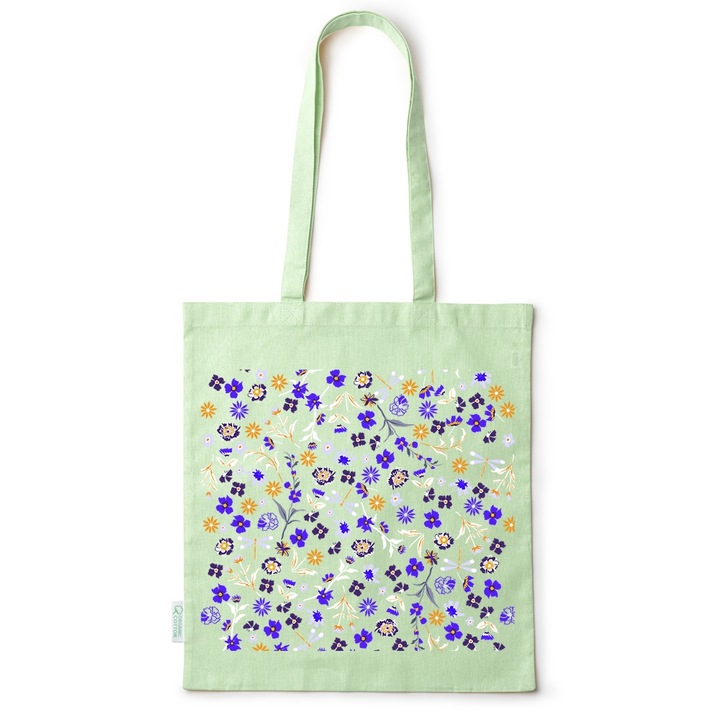 Intelli® Екологична памучна пазарска чанта Sacosa с дълги дръжки, Flowers Collection, Blue Flowers, 38x42cm, Зелен, GR-BDY62