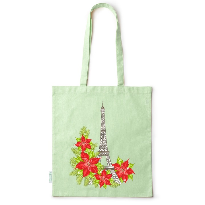 Go For It Shopper fazonú pamut táska mintával, Flowers Collection, Eiffel Tower Floral, 38x42cm, Zöld, GR-BDY7