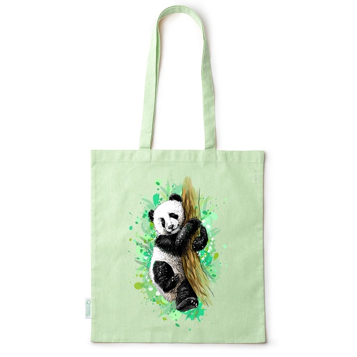 Intelli® Sacosa bumbac Eco-friendly pentru cumparaturi cu manere lungi, Panda, 38×42cm, Verde, GR-BDY94