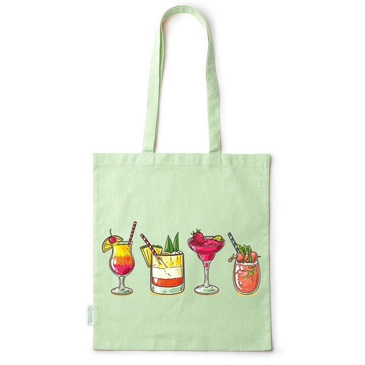 Go For It Shopper fazonú pamut táska mintával, Summer Drinks, 38×42cm, Zöld, GR-BDY99