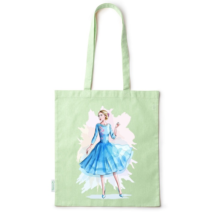 Go For It Shopper fazonú pamut táska mintával, Elegant Woman, 38×42cm, Zöld, GR-BDY124