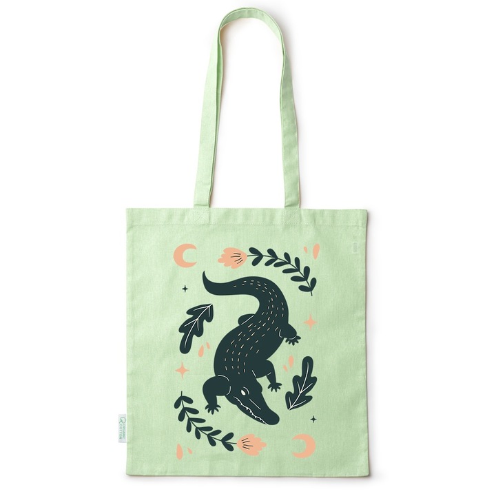 Go For It Shopper fazonú pamut táska mintával, Crocodile, 38×42cm, Zöld, GR-BDY129