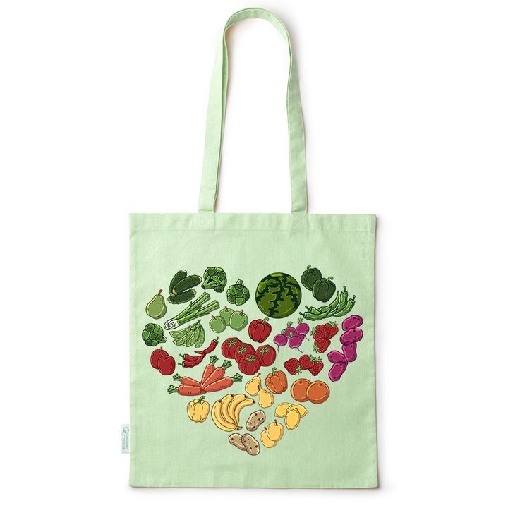 Go For It Shopper fazonú pamut táska mintával, Fruit-Veggie Heart, 38×42cm, Zöld, GR-BDY132