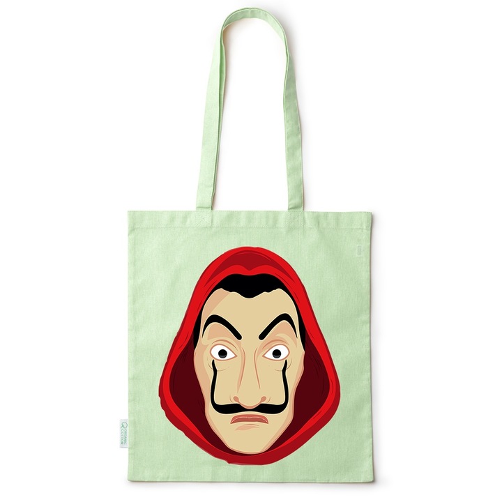 Go For It Shopper fazonú pamut táska mintával, La Casa de Papel, 38×42cm, Zöld, GR-BDY172