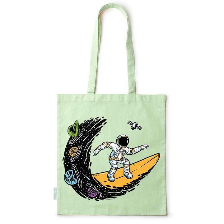 Go For It Shopper fazonú pamut táska mintával, Surfing Astronaut, 38×42cm, Zöld, GR-BDY210