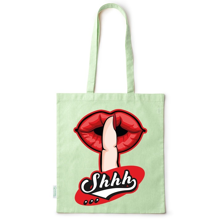 Go For It Shopper fazonú pamut táska mintával, Lips - Shhh, 38×42cm, Zöld, GR-BDY219